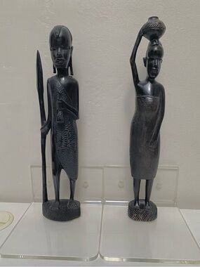 Vtg. African Ethnic Carved Wood Ebony Woman-Basket-Man-Spear Folk Art Sculpture
